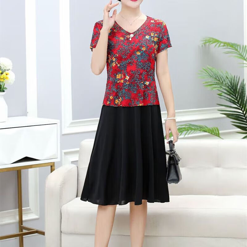 赢镇中老年女装连衣裙假两件套装中年女40-50岁妈妈装连体上衣加裙子