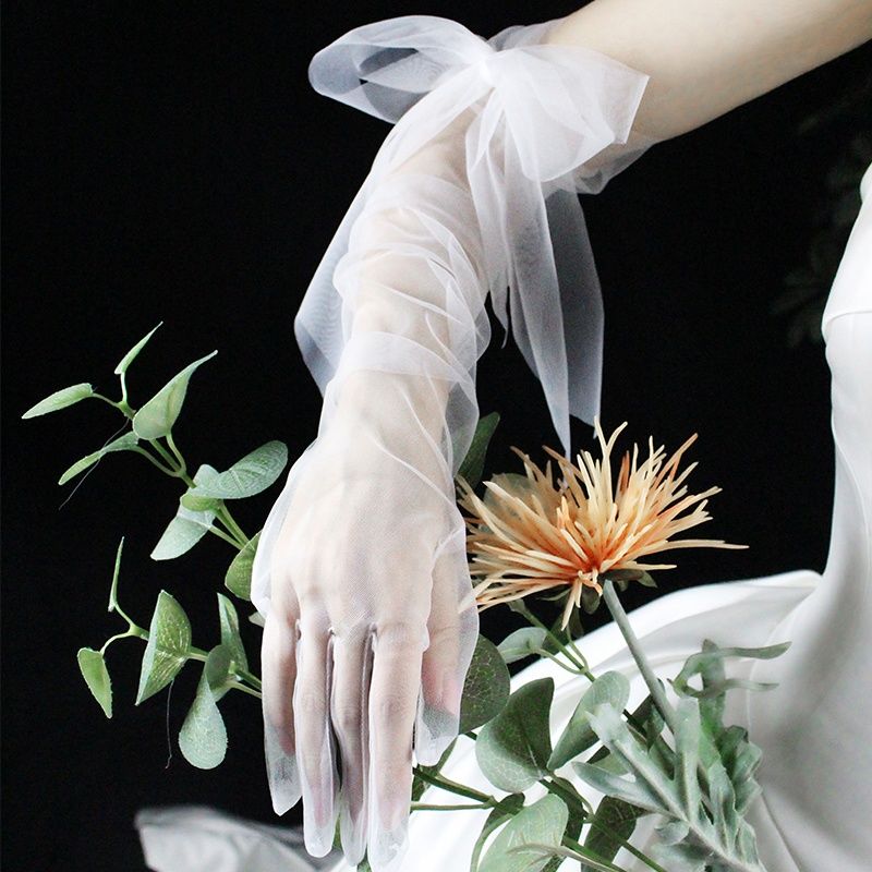 卉仁 爱情的婚纱手套化妆拍照摄影薄纱新娘结婚蝴蝶结超仙q 白色萱长