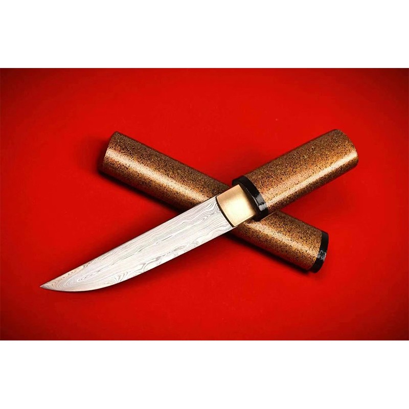 雨轩户外金粒子短刀折叠钢锻造户外直刀手工研磨配纯铜刀俎实木漆艺