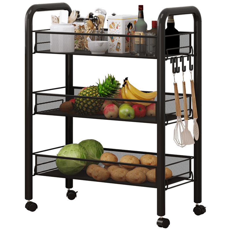 UCU 厨房置物架落地浴室卫生间落地储物收纳架移动置物架子家用客厅零食架美容玩具小推车置物架夹缝架 3层-升级加厚-黑色【4挂钩+4万向轮2刹车】