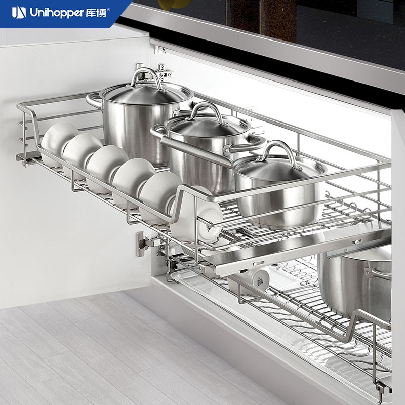库博(unihopper) 纳米干镀橱柜拉篮厨房四边碗碟篮组合对开门式缓冲