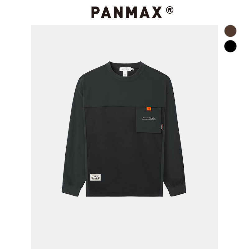 潘·麦克斯（PANMAX）panmax潮牌大码男装休闲宽松加肥加大拼接色长袖T恤男YL-TL0002 黑色 2XL