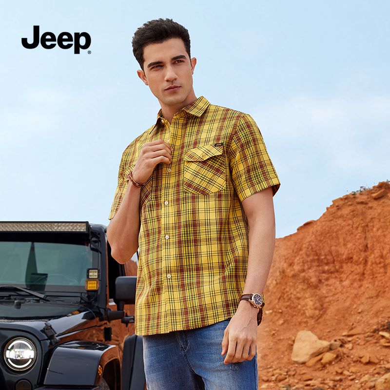 jeep吉普衬衫男夏短袖格子衬衣男士宽松休闲潮流上衣男装 晨曦黄 39