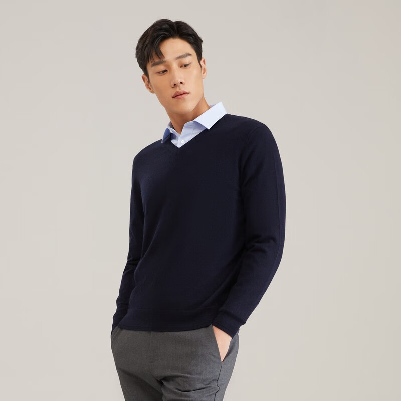 雅戈尔（YOUNGOR）【全羊毛】2025秋冬季新款男士V领毛衣商务休闲上班打底针织衫 藏青 VYQW639998FVA M (100)