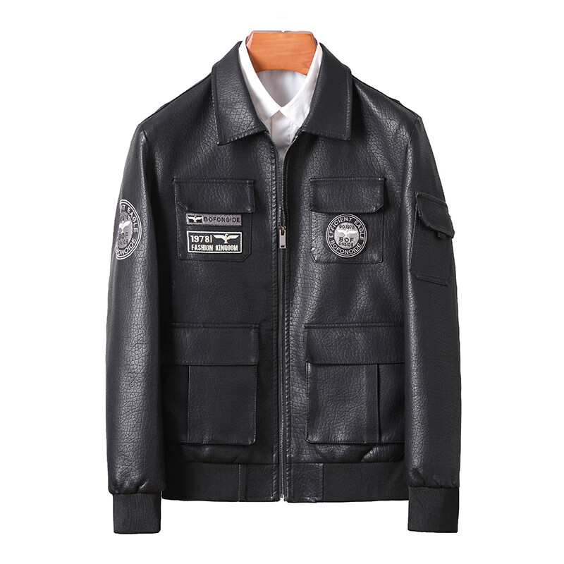 叮噜鱼皮衣外套港风男冬季新款刺绣绣花薄款士简约翻领设计真实质感