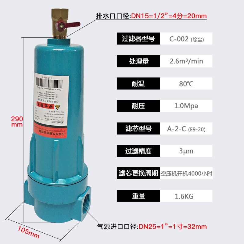 002立方压缩机空气精密过滤器冷干机油水分离器 空压机用除水过滤 002-C级(除尘)