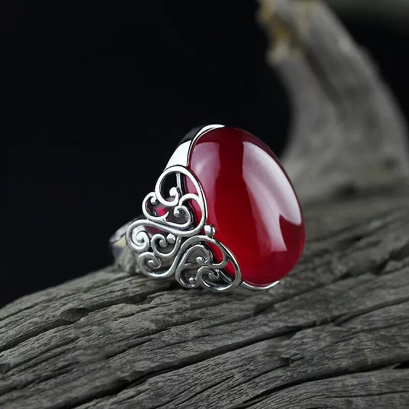 碧允925银复古泰银大宝石戒指指环女开口玛瑙玉髓红宝石夸张 繁花似锦
