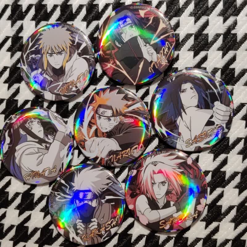 佐助小樱雏田卡卡西镭射动漫吧唧 一套7个 58mm镭射彩虹膜磨砂铁底