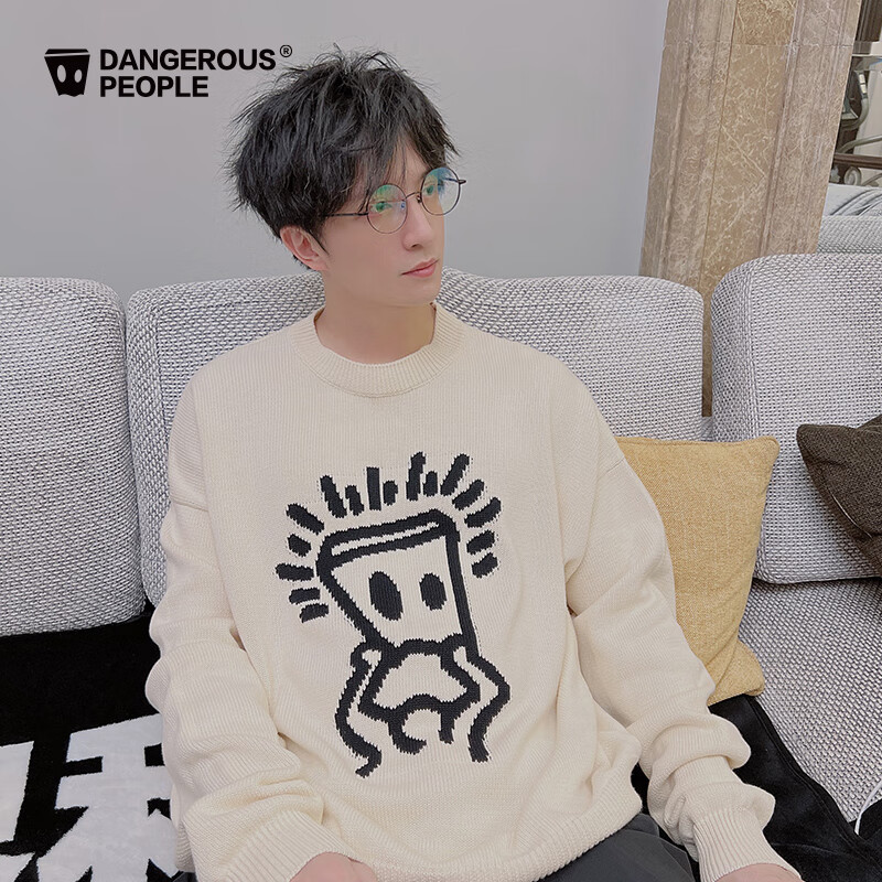 Dangerous people薛之谦dsp新年礼遇季托头纸袋人套头毛衣宽松慵懒情侣针织衫 白色 L