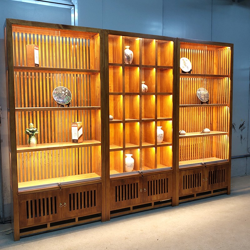茶叶展示柜复古实木展示架古董展柜玉器中式产品展柜玻璃柜子定制 边