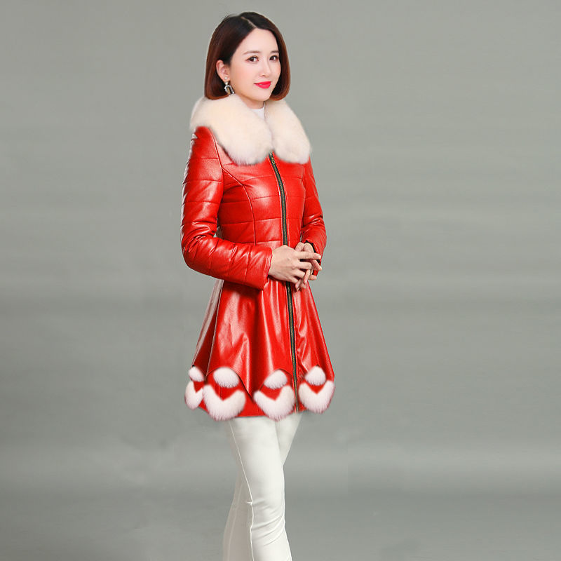 新款皮草女冬季pu皮衣棉服中长款仿狐狸毛连帽外套修身显瘦 红色连帽