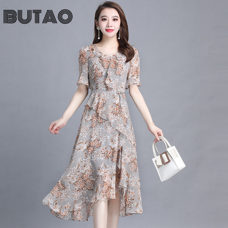butao 潮牌女装雪纺连衣裙女新款夏季中长款收腰显瘦时尚碎花过膝长裙