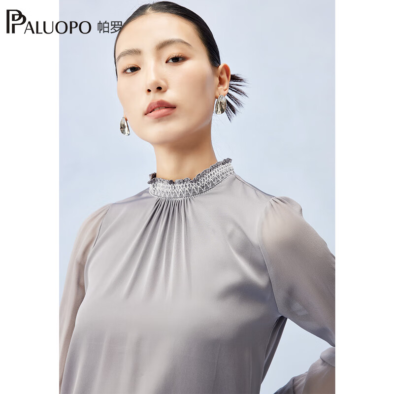 帕罗（PALUOPO）19姆米弹力双乔夏女士真丝长袖t恤荷叶领褶皱重磅木耳边缎面衫 蓝灰色 M (160/84A)