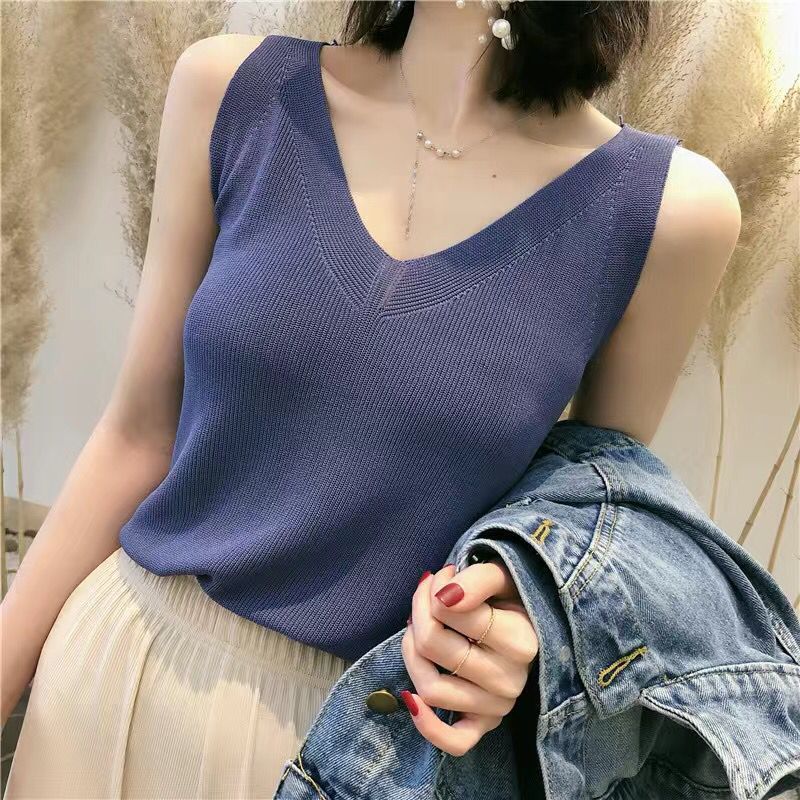 怡曼芙吊带背心女外穿夏季无袖针织衫韩版凉感V领短款冰丝打底衫上衣潮 蓝色 均码 -建议85-130斤