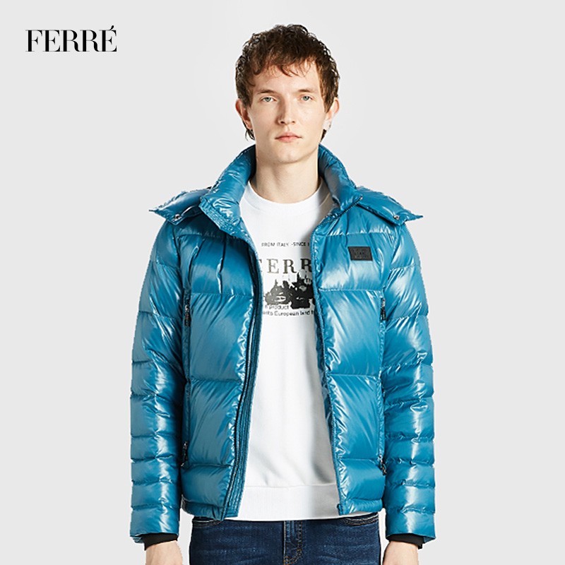 ferre费雷奢侈品男装冬季新品时尚男士蓝色长袖连帽白鸭绒羽绒服短款