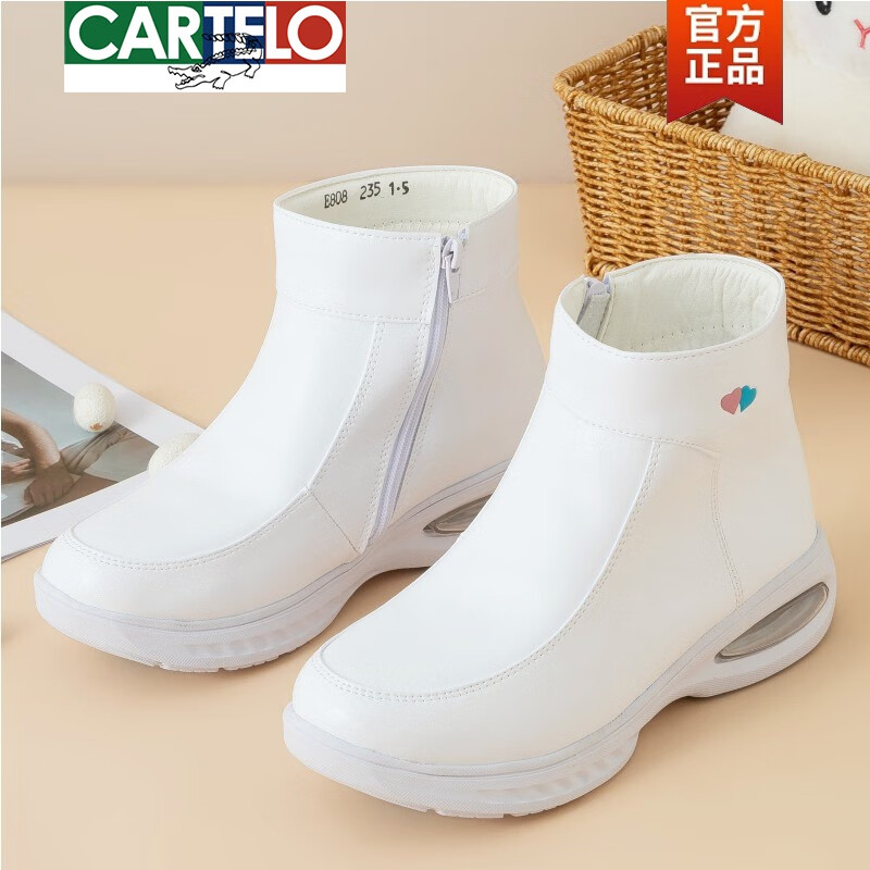 卡帝樂(lè)鱷魚（CARTELO）護(hù)士鞋冬季加絨新款白色護(hù)士棉鞋女坡跟軟底短靴加厚保暖女棉靴 白色大氣墊底 34