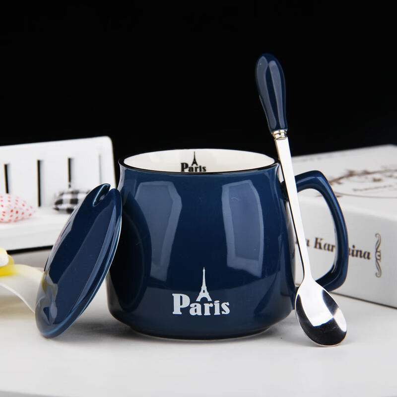早餐杯子陶瓷马克杯带盖勺创意牛奶情侣咖啡茶杯简约家用办公水杯 蓝色 日式杯+瓷盖精品勺