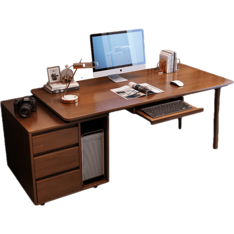 煕沐瞳  实木转角书桌书架一体现代电脑桌台式家用卧室写字桌子 全实木/胡桃色单桌 书柜可左右调节 120x60x75cm