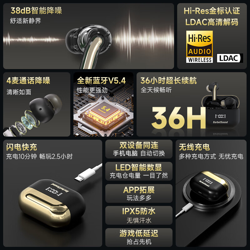 BarbetSound A69 Pro 【柏林之声】真无线蓝牙耳机排行前十男金标认证38dB主动降噪入耳式耳机蓝牙5.4华为适用 黑色