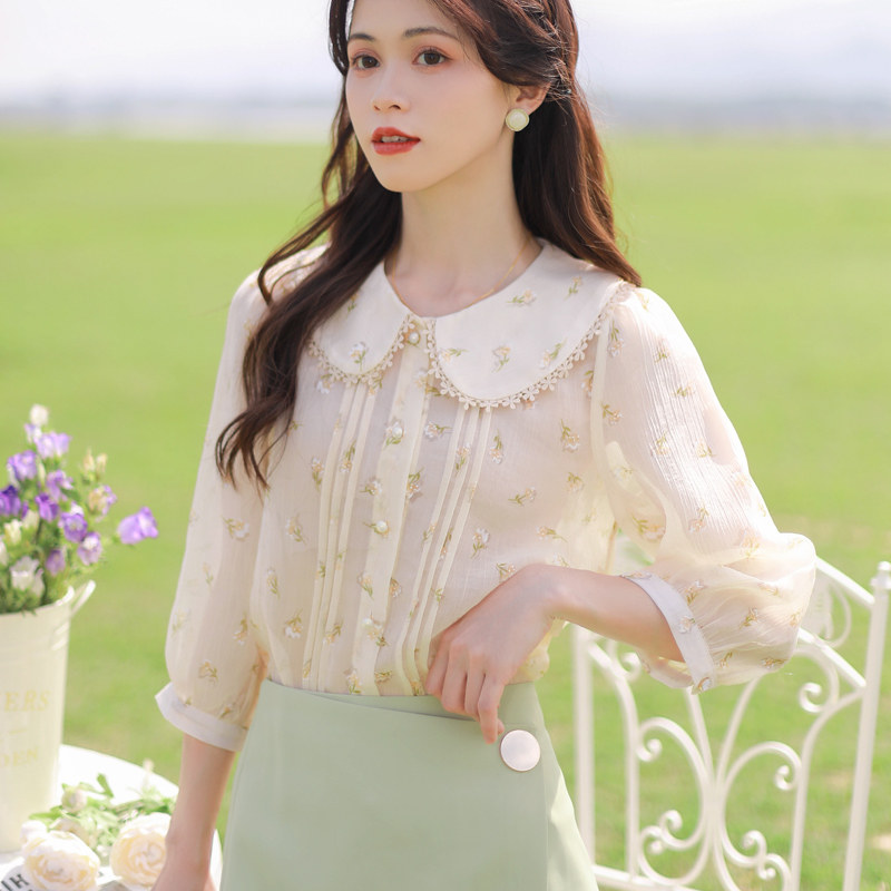 妙格森娃娃领碎花雪纺衫女高端短款年春夏装女衬衫很仙的上衣 杏色 s