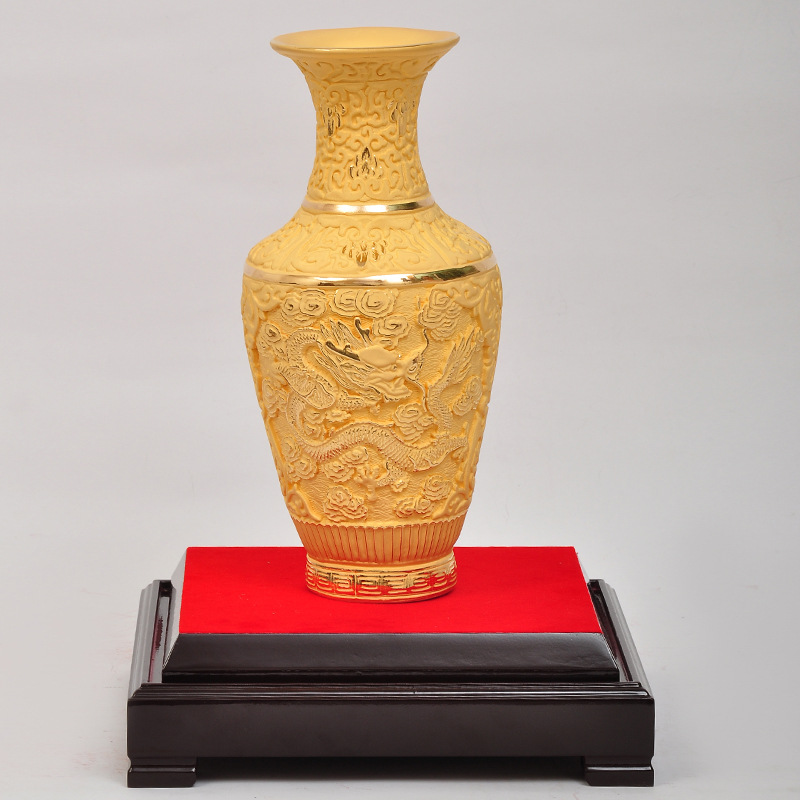 皇刻匠新中式轻奢宝瓶摆件绒沙金工艺品客厅摆件节日礼品龙纹祥云吉祥