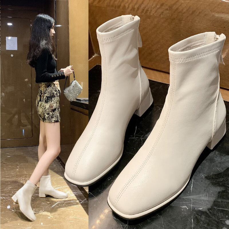 微光里 法式短靴女鞋粗跟女靴子马丁靴切尔西踝靴白色瘦瘦靴秋冬季 短靴【米白37码】