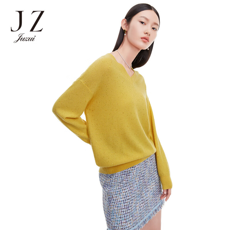 juzui玖姿春季新款羊毛v领亮片温柔慵懒风气质女针织衫毛衣 柠檬黄 m