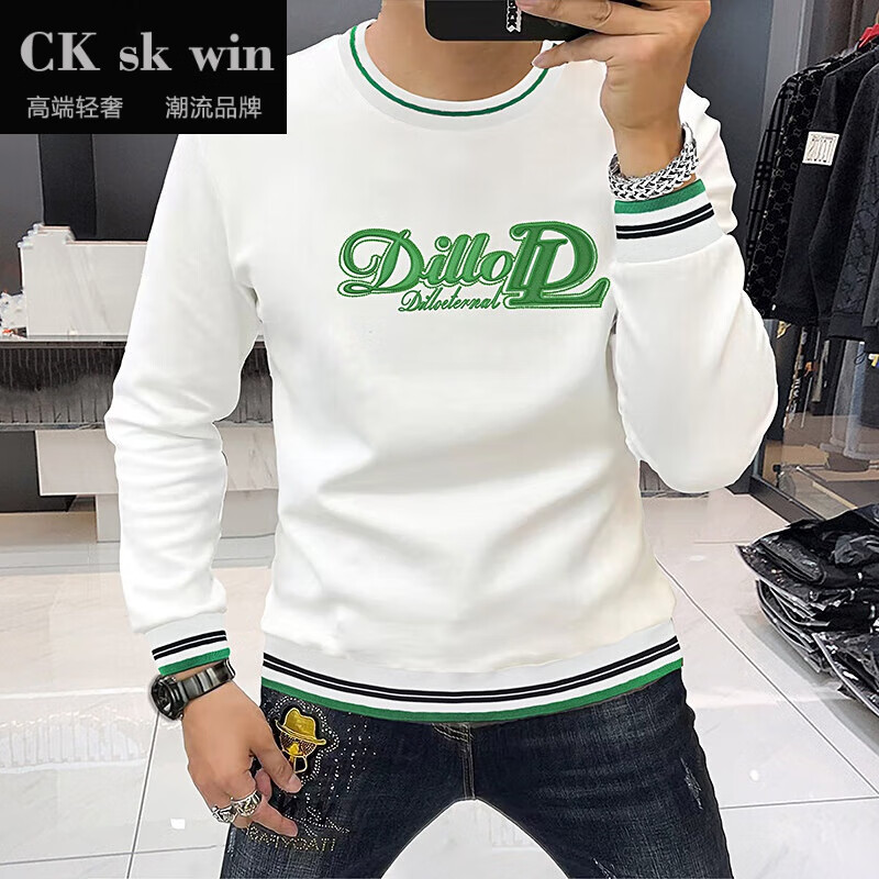 ck sk win品牌轻奢男装时尚卫衣烫钻字母间条长袖圆领衫百搭舒适潮牌