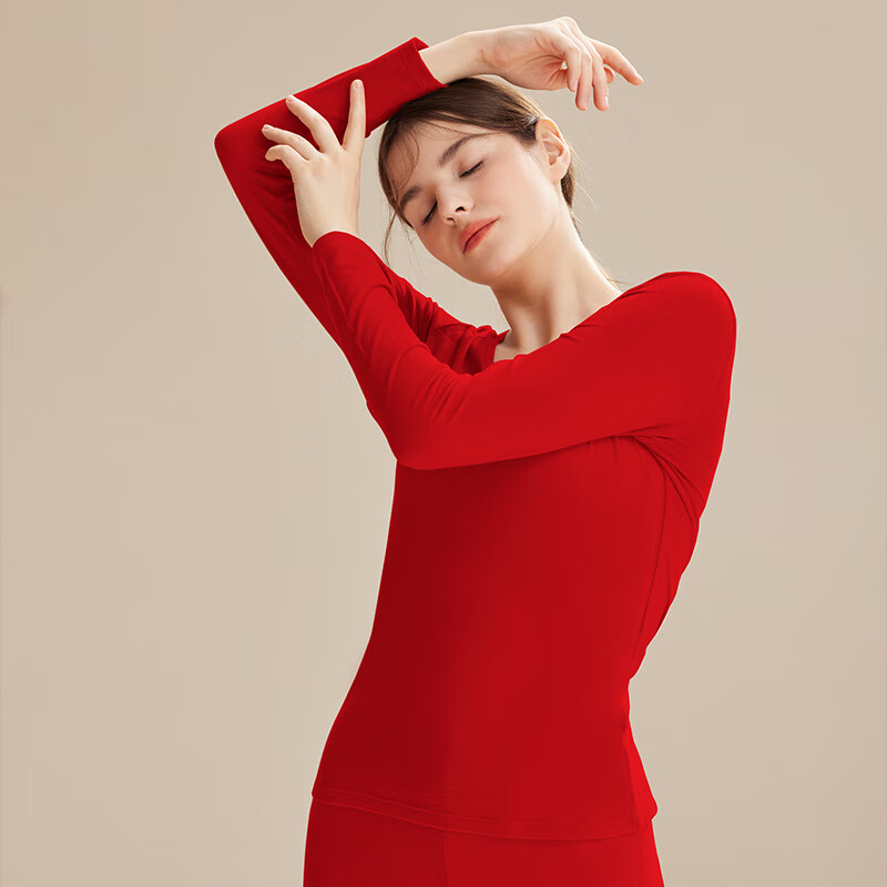 芬腾秋冬保暖内衣女棉质薄款秋衣秋裤套装少女圆领贴身美体打底衫套装 红色 XL 建议：125-145斤