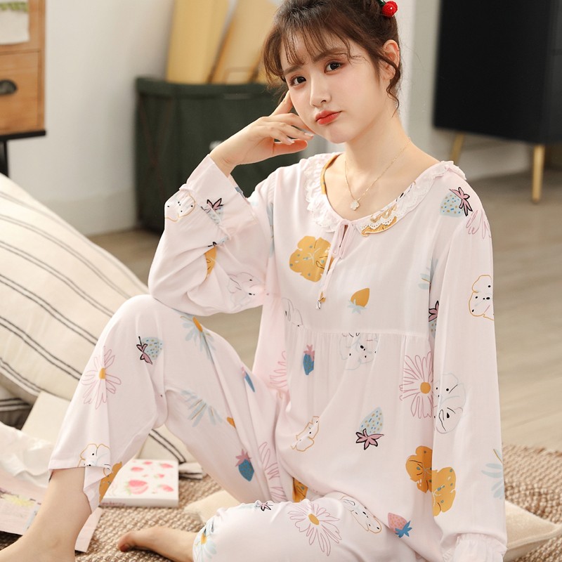 棉綢睡衣女式睡衣夏款2021年新款夏季棉綢長(zhǎng)袖薄款可愛(ài)綿綢春夏家居服人造棉套裝 長(zhǎng)袖長(zhǎng)褲084 XXL碼(體重120-140斤)