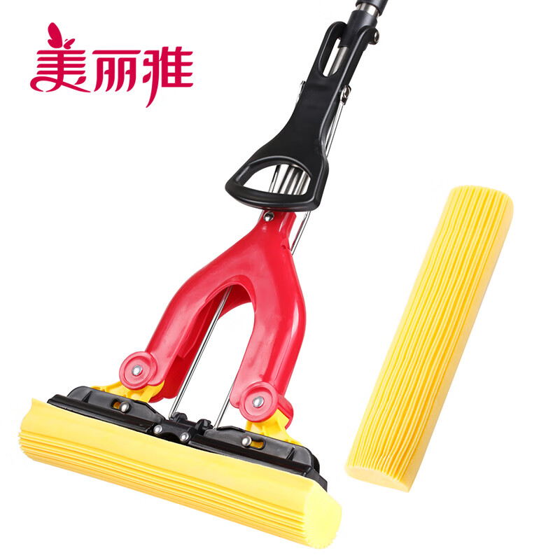 美丽雅对折胶棉地拖家用厨房浴室吸水拖把懒人免手洗墩布拖地神器一拖净 加强杆可伸缩共2拖头28CM