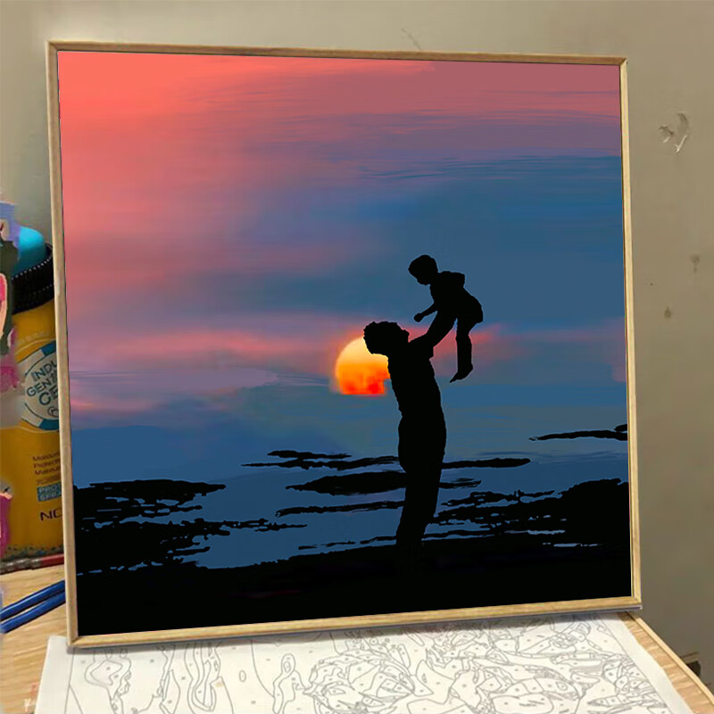 维诺亚父亲节礼物手绘数字油画手工填色涂鸦父爱如山剪影丙烯装饰画