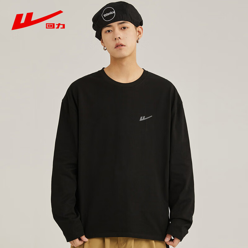 回力长袖t恤男 圆领印花宽松套头打底衫休闲上衣男装 黑色款 XL