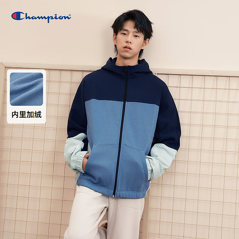 Champion冠军2024冬季新款加绒连帽拼色卫衣男美式高街开衫外套潮 藏青色 2XL