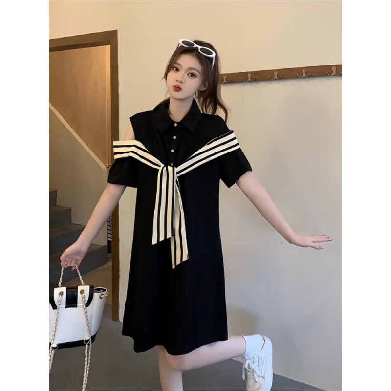 La  Chapelle拉夏贝尔大码女装连衣裙子夏天女装2024夏季新品短袖套装衣服女 黑色 2XL (建议150-190斤)