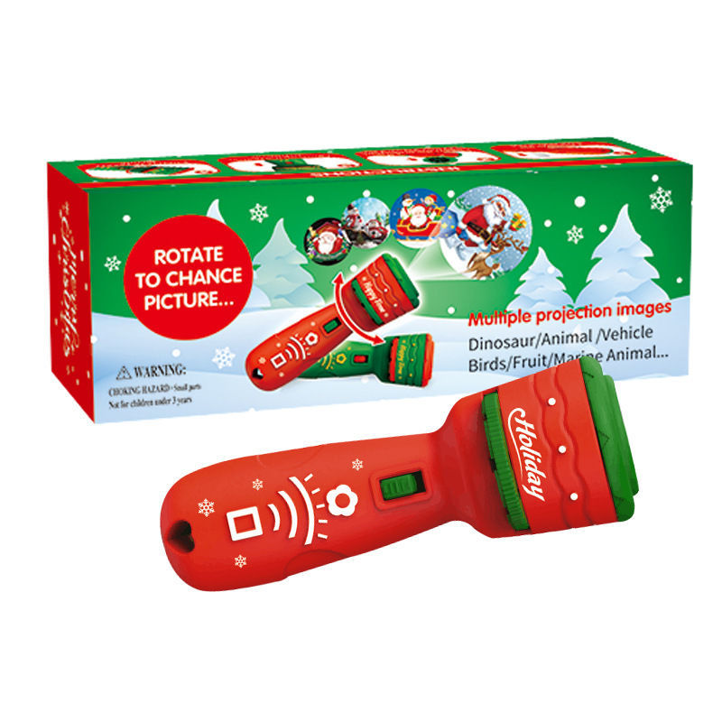 【卡芬蒂】圣诞节儿童投影手电筒发光玩具宝宝早教卡片认知圣诞礼物 红色+3卡24图 礼盒装一