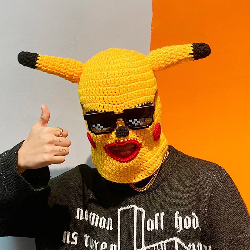 贝木惠皮卡丘头套沙雕恶搞搞笑头套面具保暖毛线针织创意玩具 皮卡丘