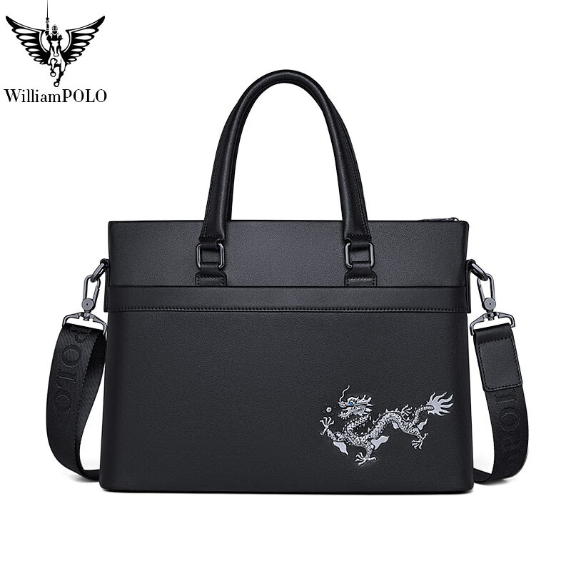 英伦保罗公文包男士手提包真皮商务电脑包横款休闲新款男包牛皮包生日礼物 黑色-龙纹款 34.5cm*25.2cm