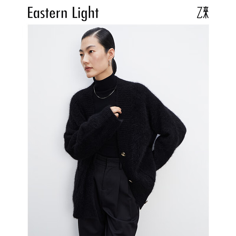 乙来（EASTERN LIGHT）【Alpaca羊驼毛长毛】秋冬针织开衫衣保暖外套 上衣-优雅黑 S