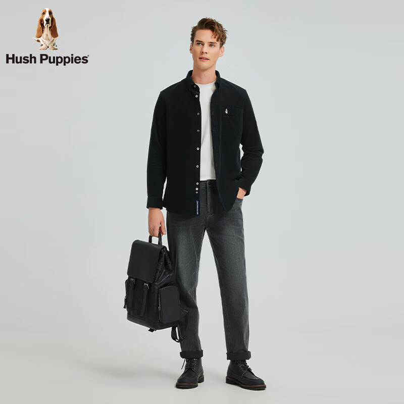 暇步士(Hush Puppies)【柔软耐磨】男装秋季面料厚实复古细条灯芯绒衬衫 墨蓝色 L