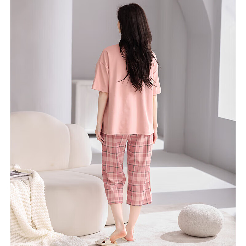 芬腾夏季纯棉睡衣女士薄款短袖七分裤休闲宽松夏天家居服套装 FX25920071粉红 2XL （建议145-160斤）