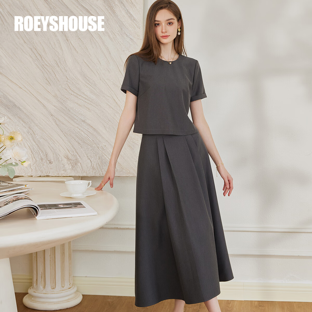 ROEYSHOUSE羅衣時尚深灰色修身套裝夏季新款休閑上衣半身裙兩件套10408 深灰色 L