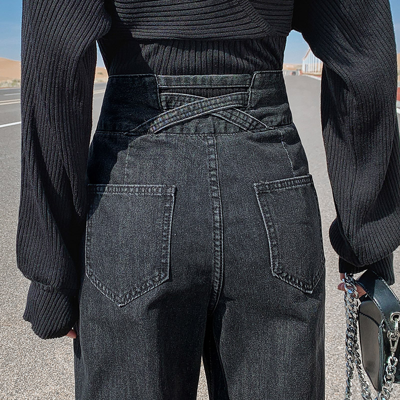 谷蒂思（GUDISI） 高腰阔腿牛仔裤女直筒显瘦秋季2023年心机裤子别致设计感 黑灰色长裤-单裤 M
