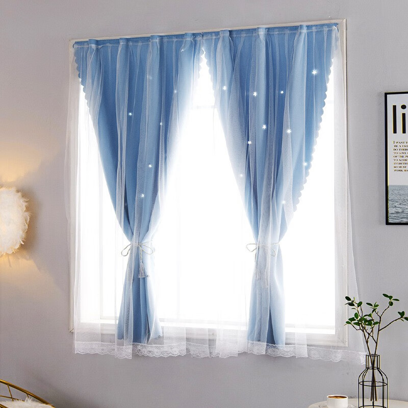 睿爸窗帘易高遮光素色窗帘魔术挂环双层窗帘布 浅蓝色-魔术贴带纱 0.