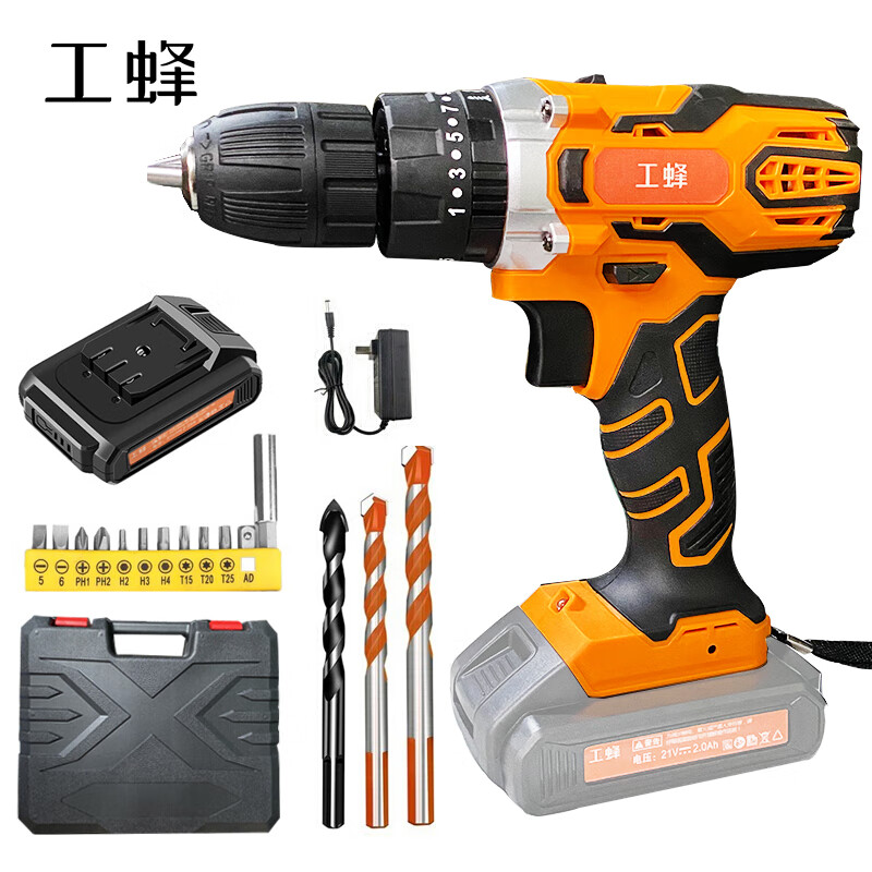工蜂 21V冲击钻多功能家用充电式手电钻电动螺丝刀扳手电动工具套装 2000mA冲击钻21v锂电冲击钻