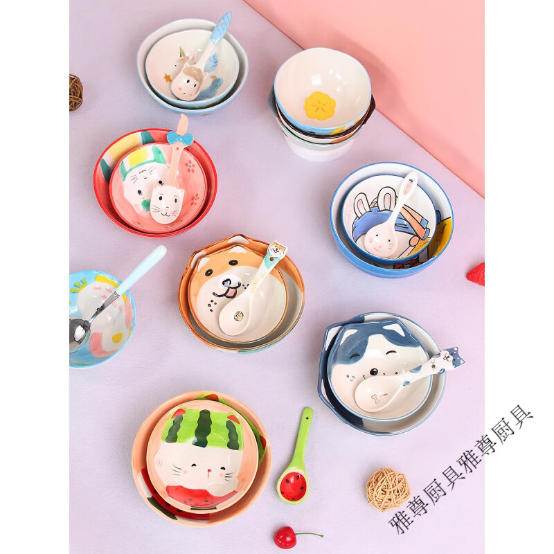 卡通陶瓷碗 手绘釉下彩家用儿童碗可爱动物米饭碗辅食恐 西瓜猫小碗