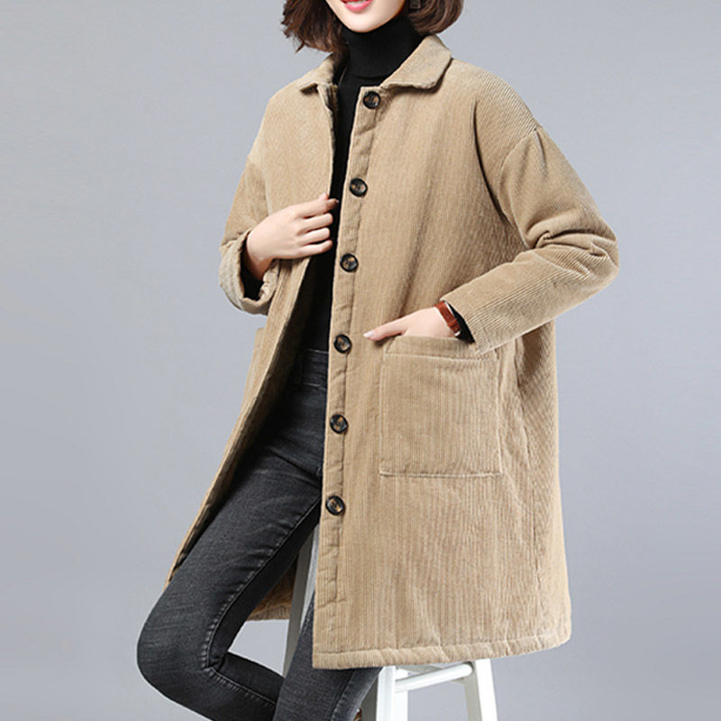 亚永凌加绒加厚灯芯绒外套女士秋冬季新款韩版宽松休闲中长款mama装