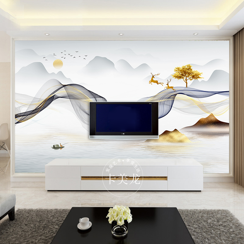 墙壁画新中式山水画线纹鹿壁纸现代装饰墙布影视墙定制 线纹山水鹿a