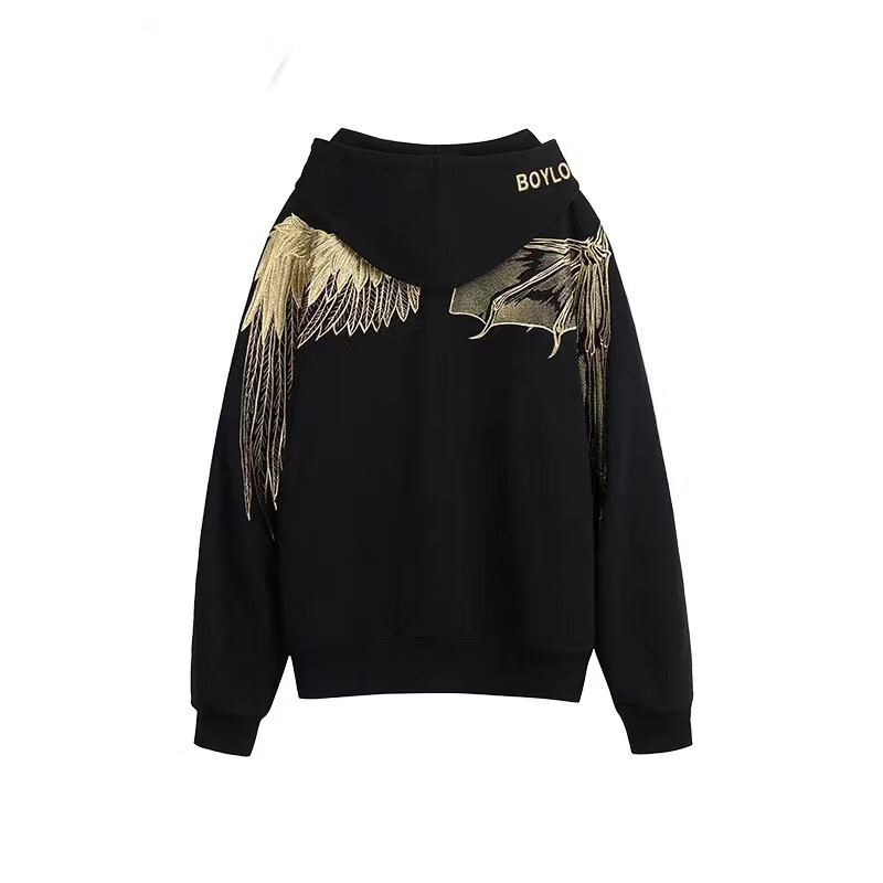 boy卫衣男女同款新品潮牌刺绣天使恶魔翅膀老鹰情侣宽松休闲长袖 黑色