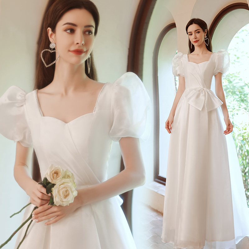 诗婷秀尹 晚礼服新娘婚纱白色泡泡袖演出走秀艺考合唱主持人公主气质